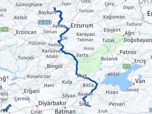 Siirt Pazaryolu Erzurum Arası Kaç Km - Yol Haritası