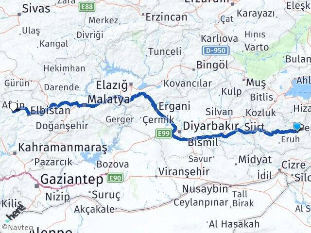 Siirt Pervari Afşin Kahramanmaraş Arası Kaç Km - Yol Haritası