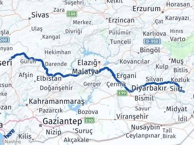 Siirt Pınarbaşı Kayseri Arası Kaç Km - Yol Haritası