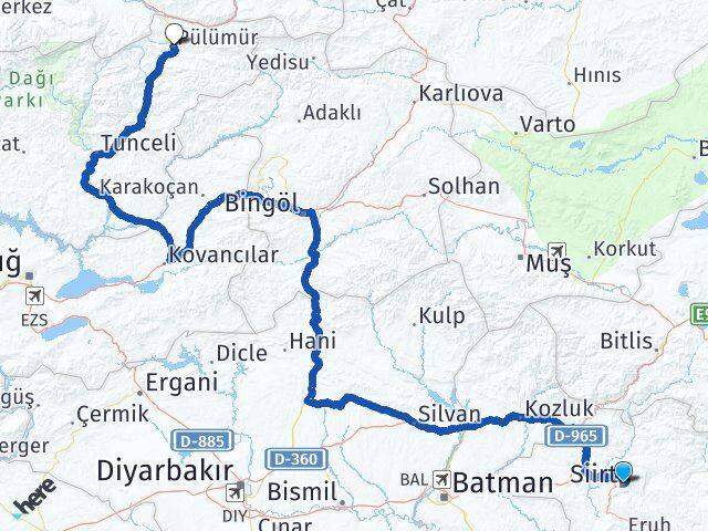 Siirt Pülümür Tunceli Arası Kaç Km - Yol Haritası