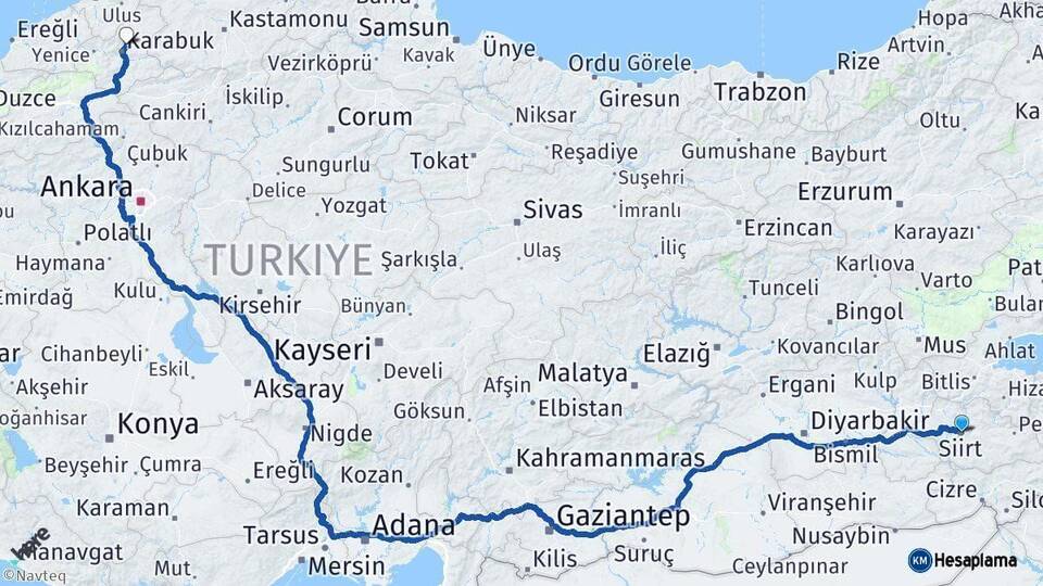 Siirt Safranbolu Karabük Arası Kaç Km - Yol Haritası