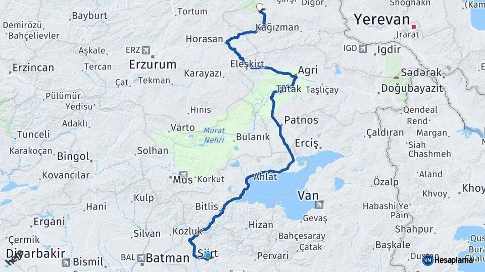 Siirt Sarıkamış Kars Arası Kaç Km - Yol Haritası