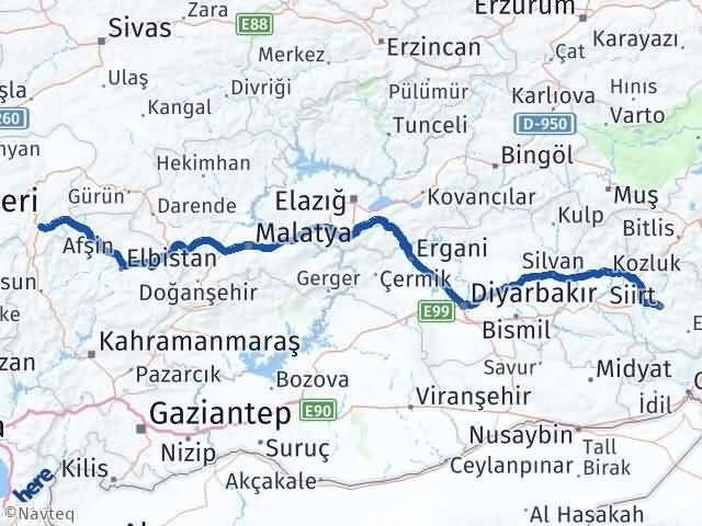 Siirt Sarız Kayseri Arası Kaç Km - Yol Haritası