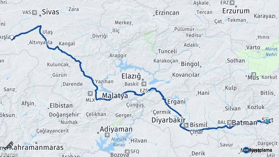 Siirt Şarkışla Sivas Arası Kaç Km - Yol Haritası