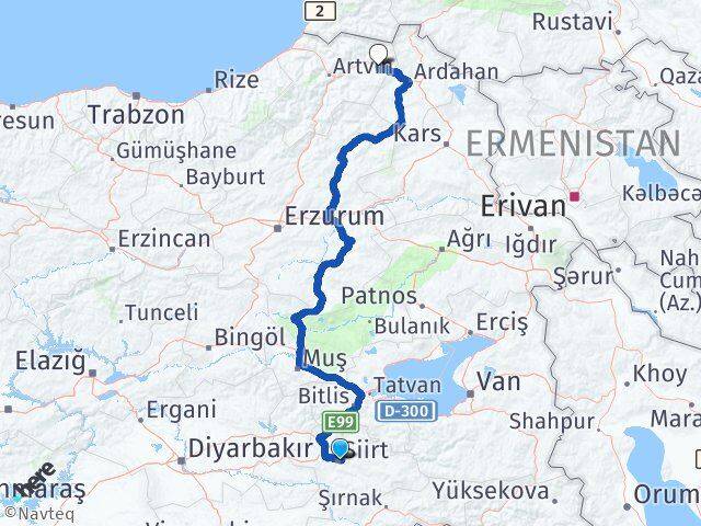 Siirt Şavşat Artvin Arası Kaç Km - Yol Haritası