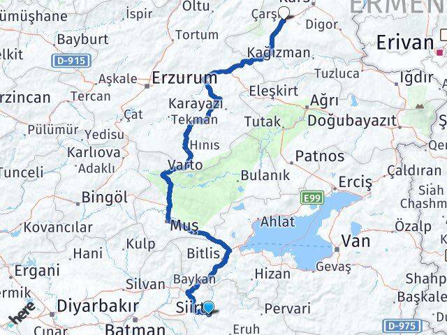 Siirt Selim Kars Arası Kaç Km - Yol Haritası