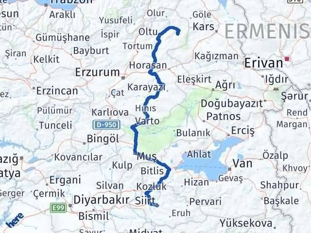 Siirt Şenkaya Erzurum Arası Kaç Km - Yol Haritası