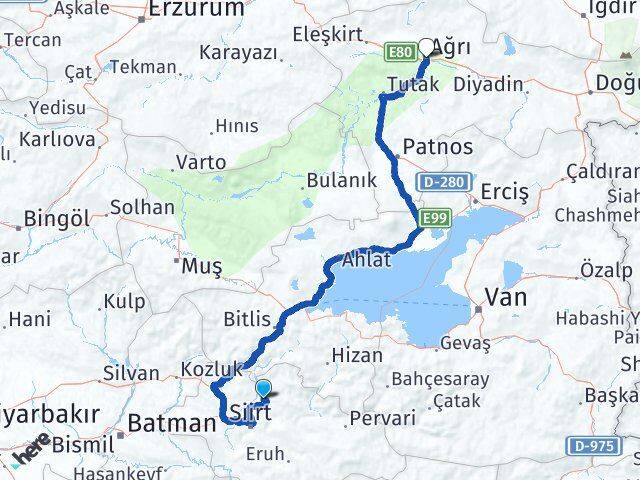 Siirt Şirvan Ağrı Arası Kaç Km - Yol Haritası