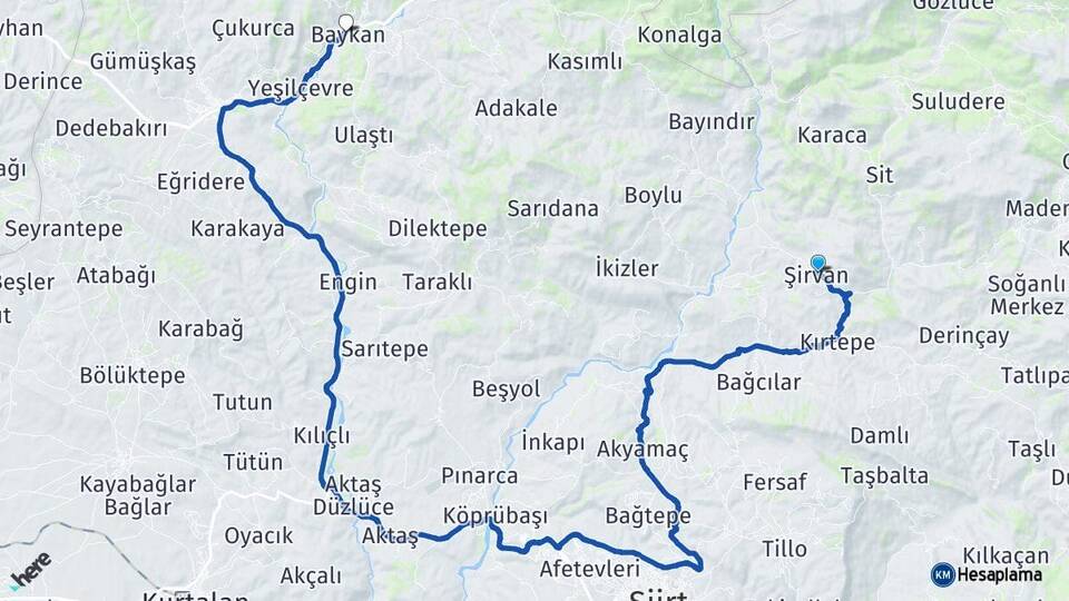 Siirt Şirvan Baykan Arası Kaç Km - Yol Haritası