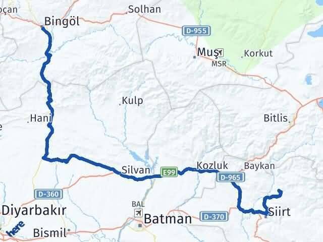 Siirt Şirvan Bingöl Arası Kaç Km - Yol Haritası
