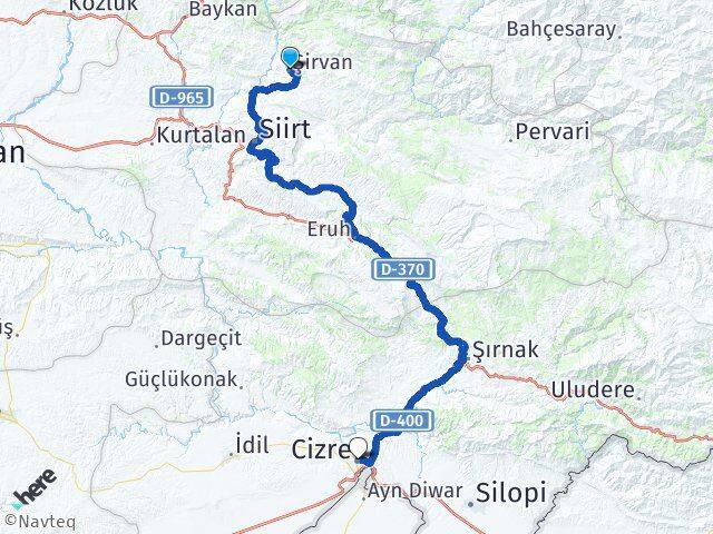Siirt Şirvan Cizre Şırnak Arası Kaç Km - Yol Haritası