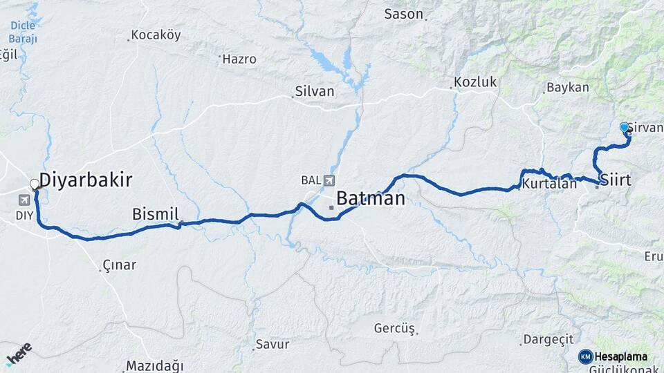 Siirt Şirvan Diyarbakır Arası Kaç Km - Yol Haritası