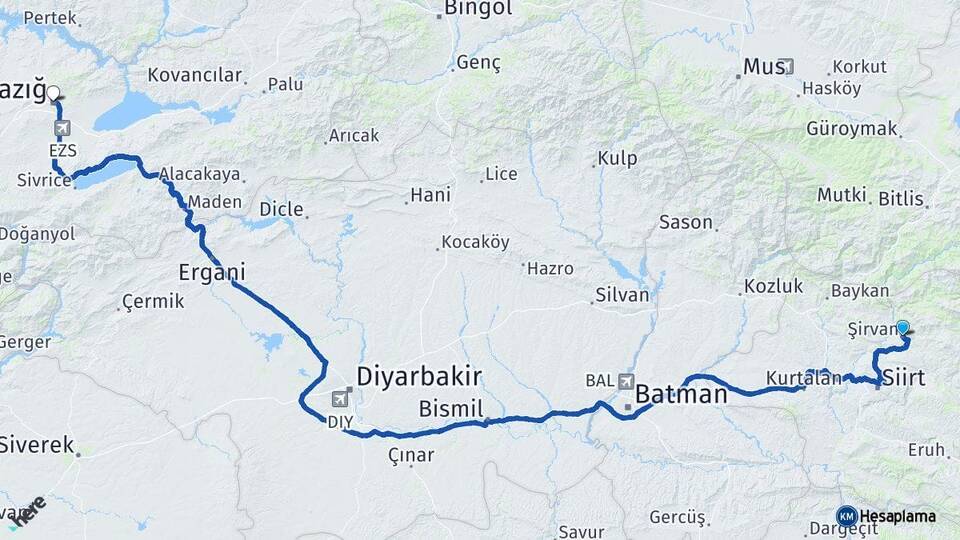 Siirt Şirvan Elazığ Arası Kaç Km - Yol Haritası