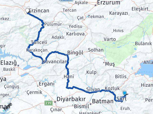 Siirt Şirvan Erzincan Arası Kaç Km - Yol Haritası