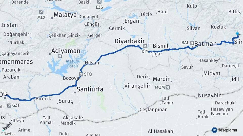 Siirt Şirvan Gaziantep Arası Kaç Km - Yol Haritası