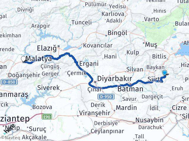 Siirt Şirvan Malatya Arası Kaç Km - Yol Haritası