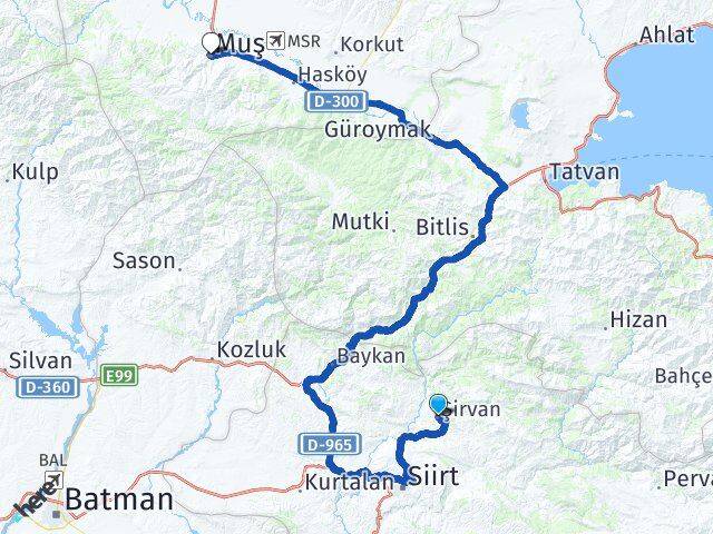 Siirt Şirvan Muş Arası Kaç Km - Yol Haritası