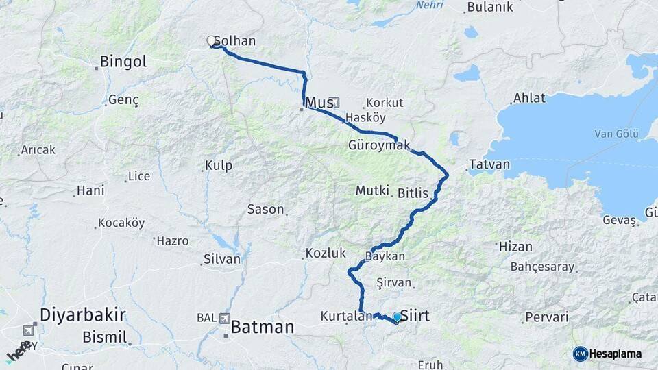 Siirt Solhan Bingöl Arası Kaç Km - Yol Haritası