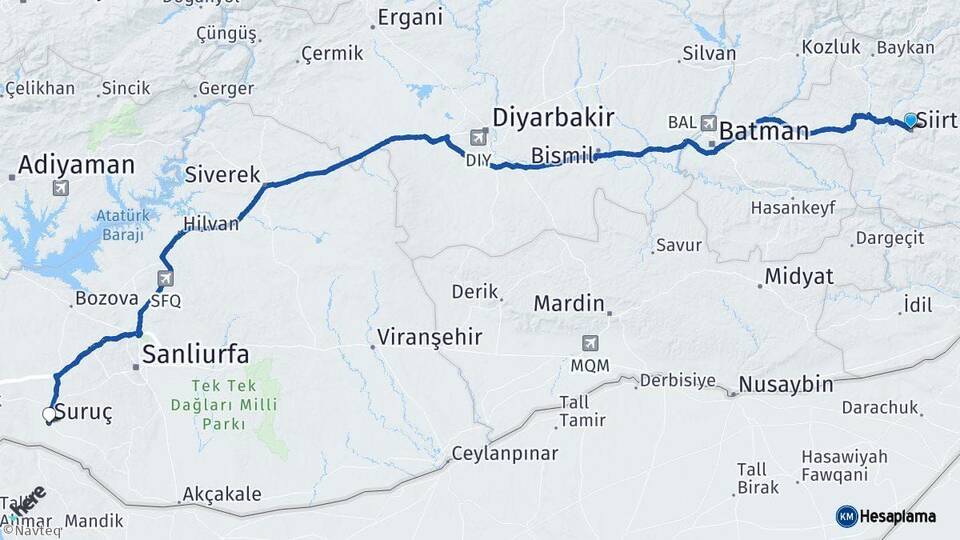 Siirt Suruç Şanlıurfa Arası Kaç Km - Yol Haritası