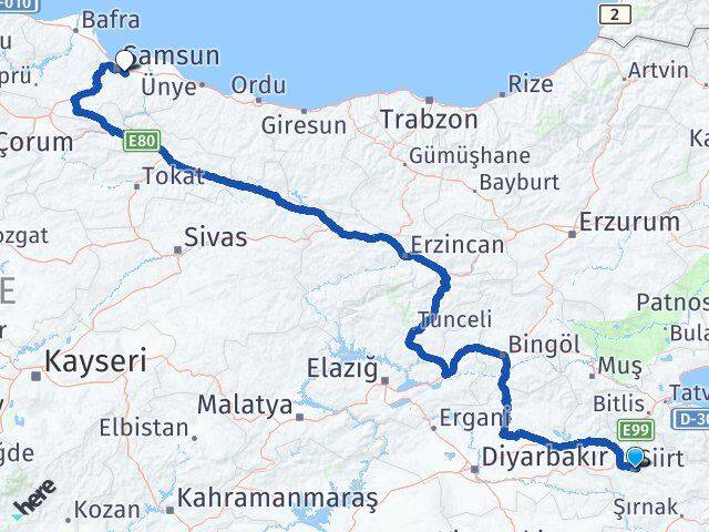 Siirt Tekkeköy Samsun Arası Kaç Km - Yol Haritası