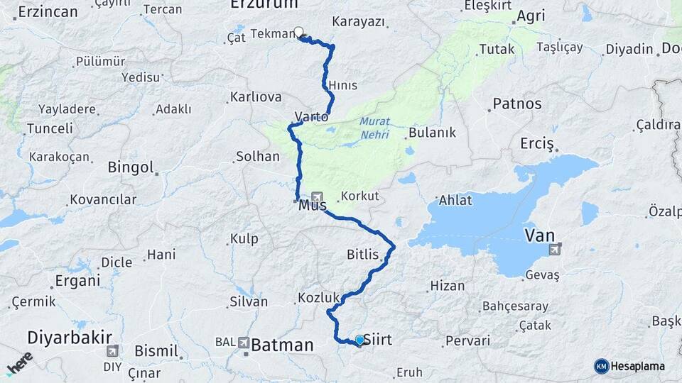 Siirt Tekman Erzurum Arası Kaç Km - Yol Haritası