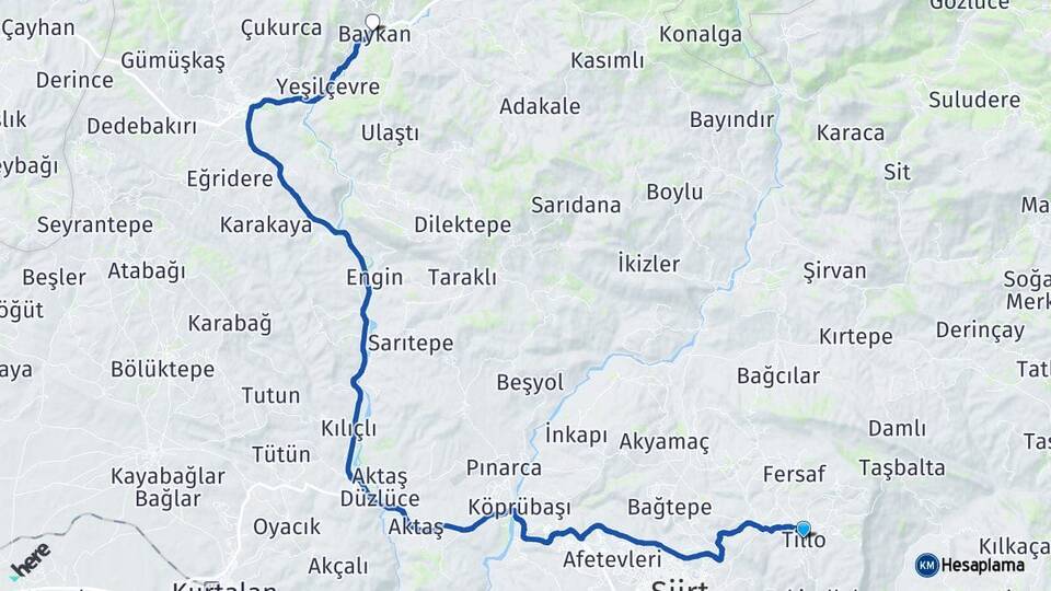 Siirt Tillo Baykan Arası Kaç Km - Yol Haritası