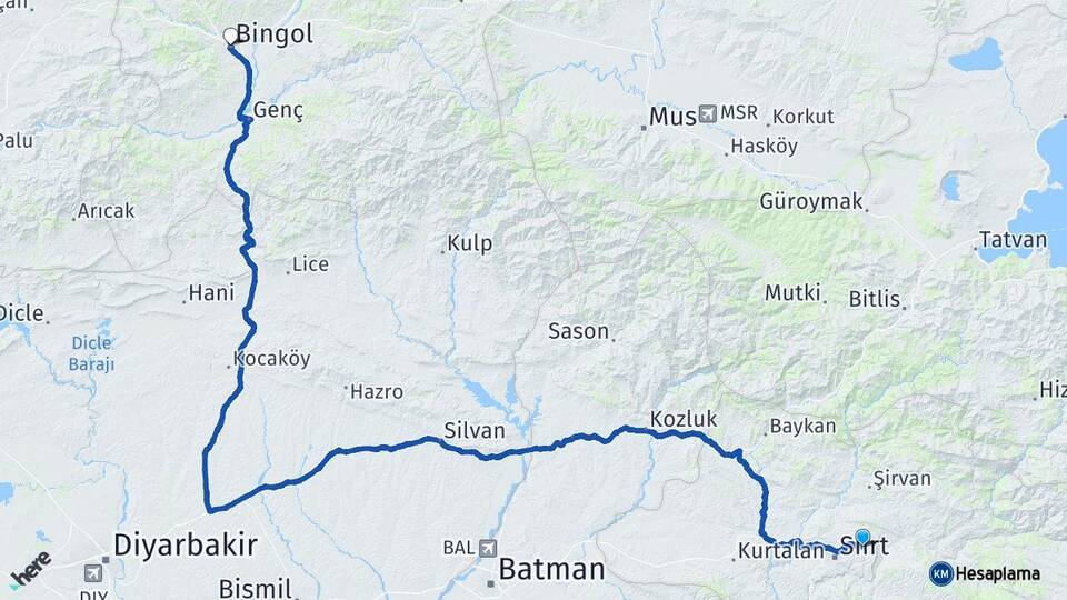 Siirt Tillo Bingöl Arası Kaç Km - Yol Haritası