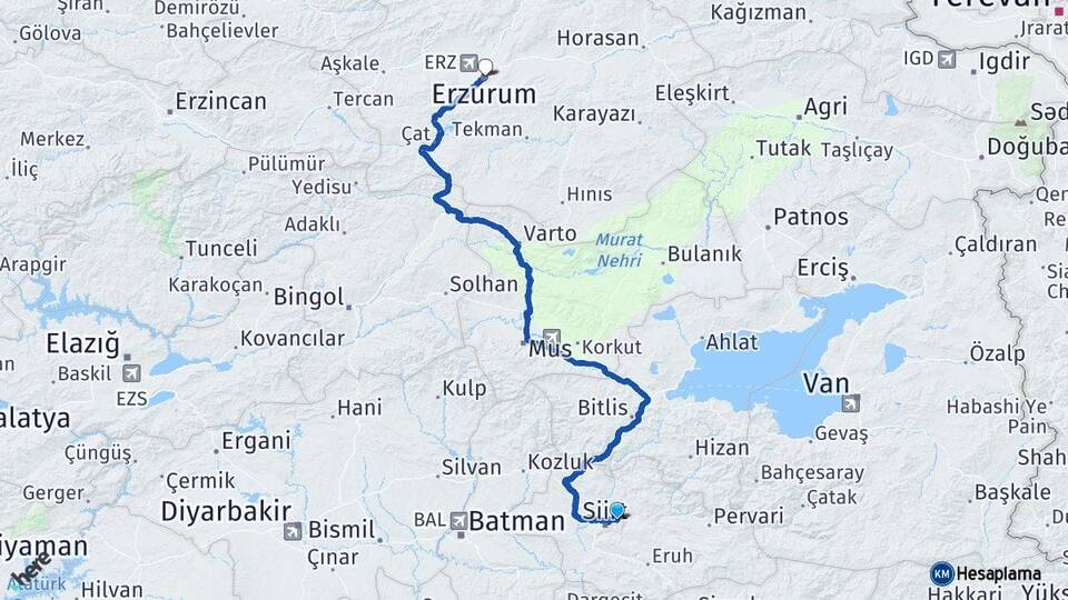 Siirt Tillo Erzurum Arası Kaç Km - Yol Haritası
