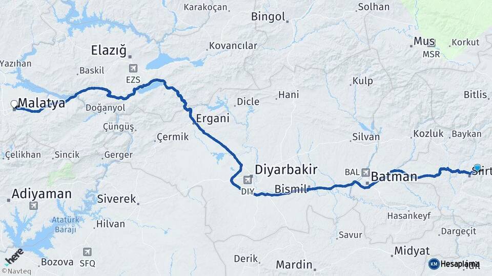 Siirt Tillo Malatya Arası Kaç Km - Yol Haritası