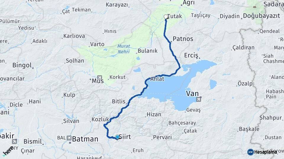 Siirt Tutak Ağrı Arası Kaç Km - Yol Haritası