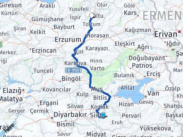 Siirt Uzundere Erzurum Arası Kaç Km - Yol Haritası