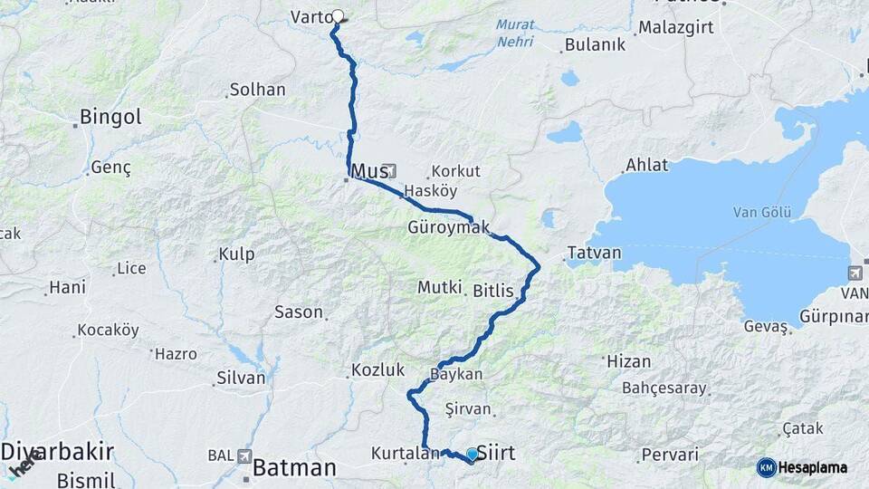 Siirt Varto Muş Arası Kaç Km - Yol Haritası