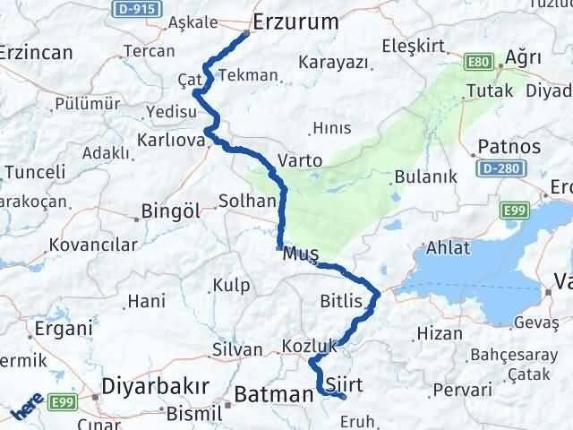 Siirt Yakutiye Erzurum Arası Kaç Km - Yol Haritası