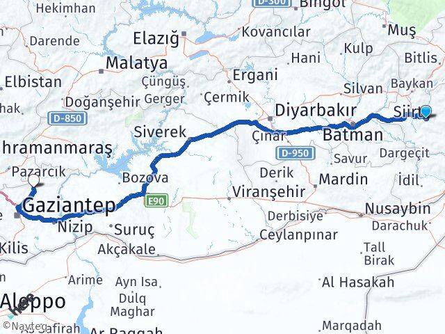 Siirt Yavuzeli Gaziantep Arası Kaç Km - Yol Haritası