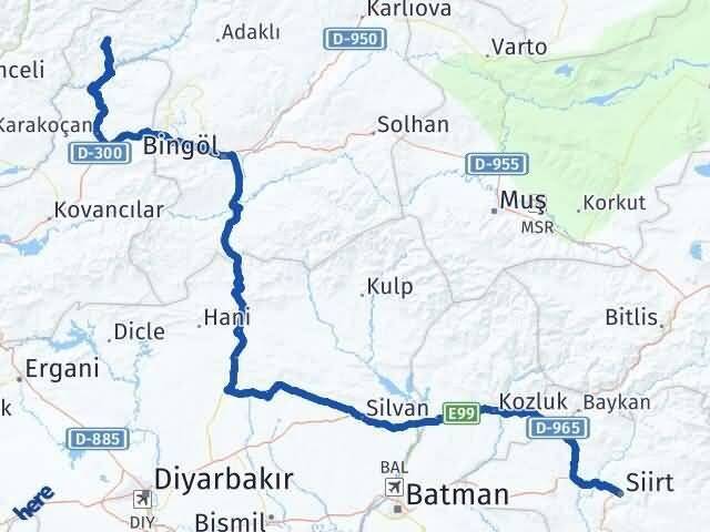 Siirt Yayladere Bingöl Arası Kaç Km - Yol Haritası