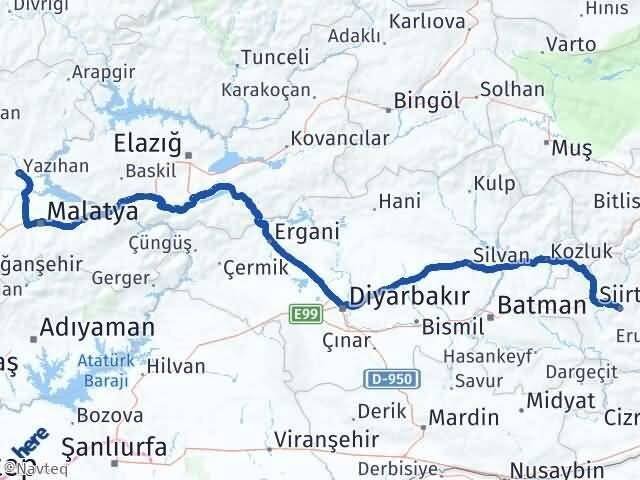 Siirt Yazıhan Malatya Arası Kaç Km - Yol Haritası