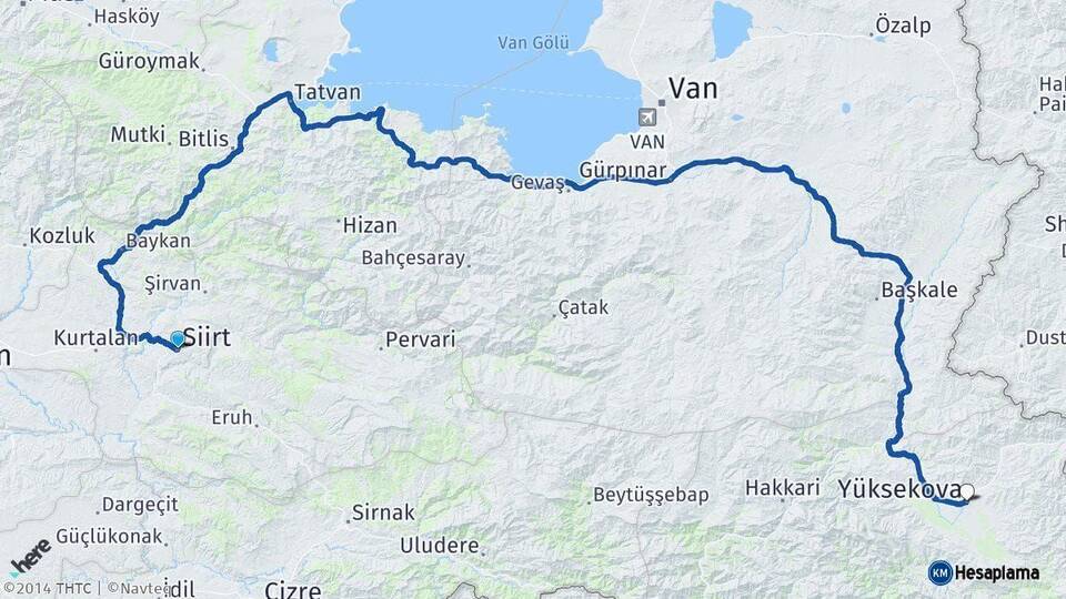 Siirt Yüksekova Hakkari Arası Kaç Km - Yol Haritası
