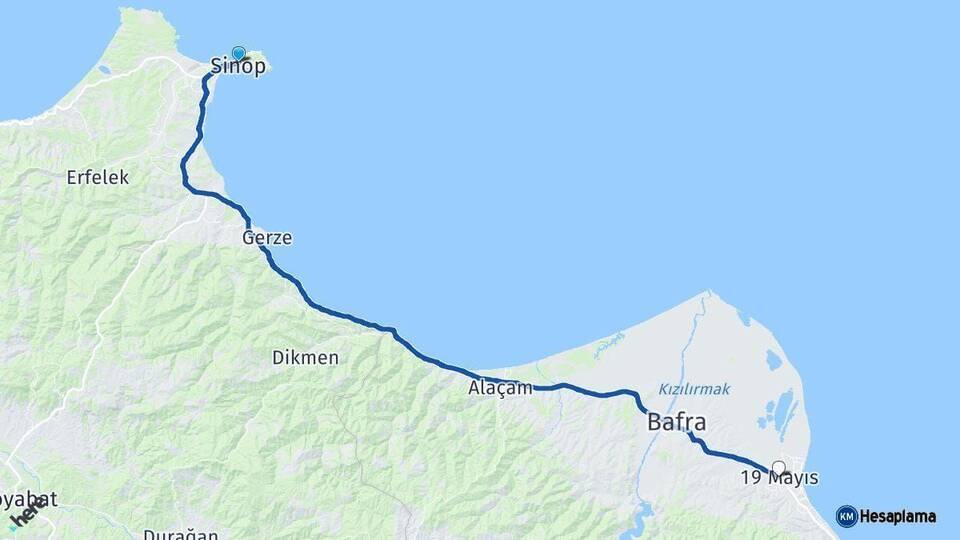 Sinop 19 Mayıs Samsun Arası Kaç Km - Yol Haritası