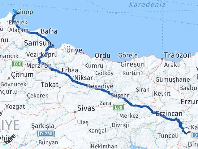 Sinop Adaklı Bingöl Arası Kaç Km - Yol Haritası