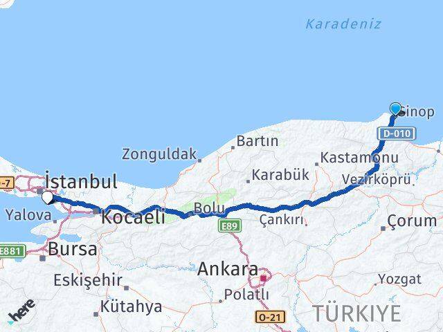 Sinop Adalar İstanbul Arası Kaç Km - Yol Haritası