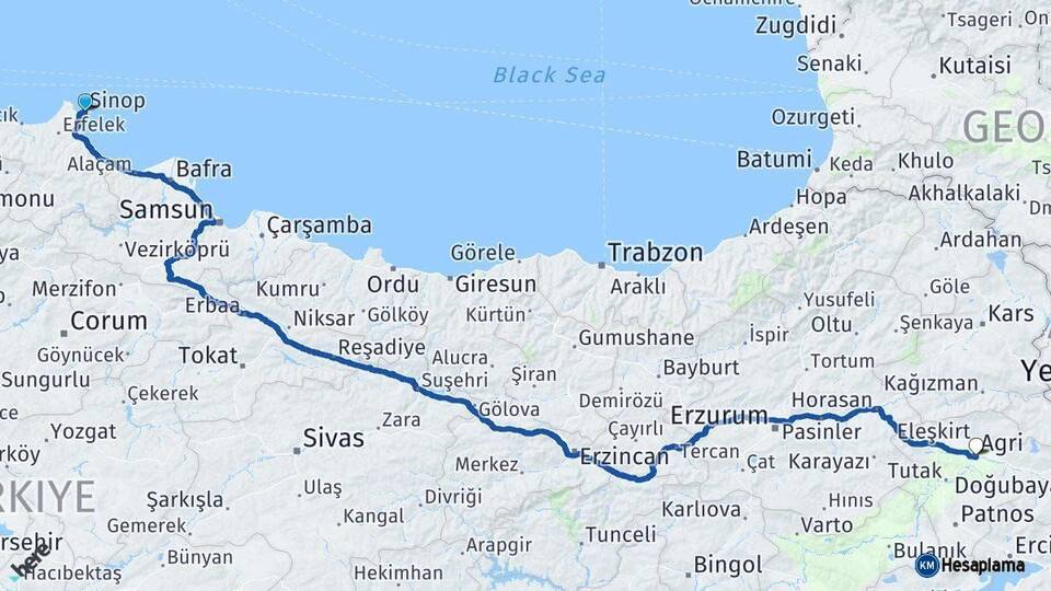 Sinop Ağrı Arası Kaç Km - Yol Haritası