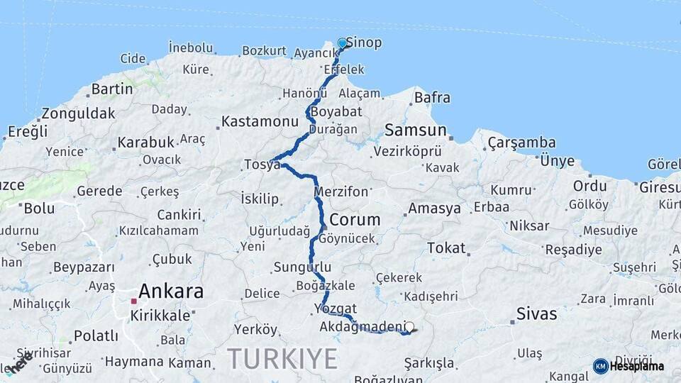 Sinop Akdağmadeni Yozgat Arası Kaç Km - Yol Haritası