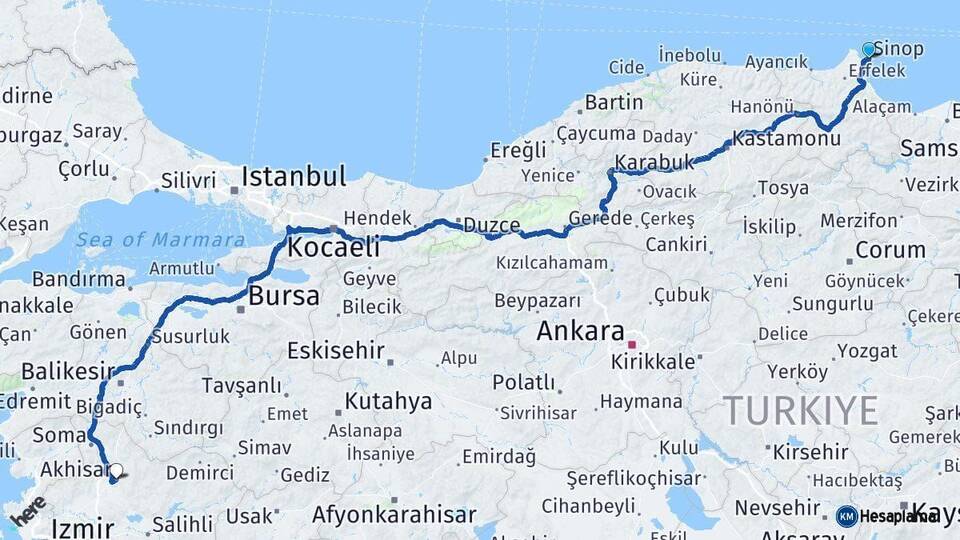 Sinop Akhisar Manisa Arası Kaç Km - Yol Haritası