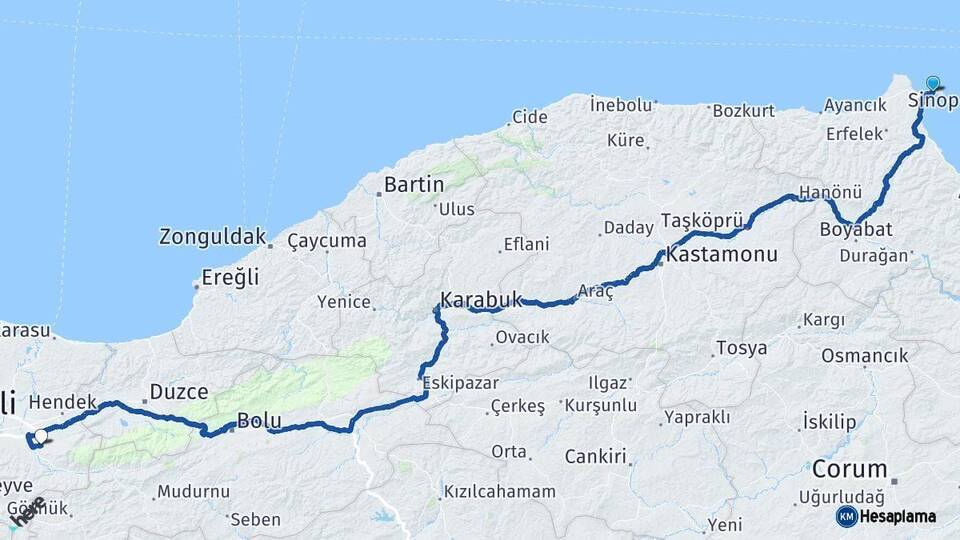 Sinop Akyazı Sakarya Arası Kaç Km - Yol Haritası