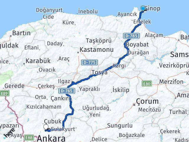 Sinop Akyurt Ankara Arası Kaç Km - Yol Haritası