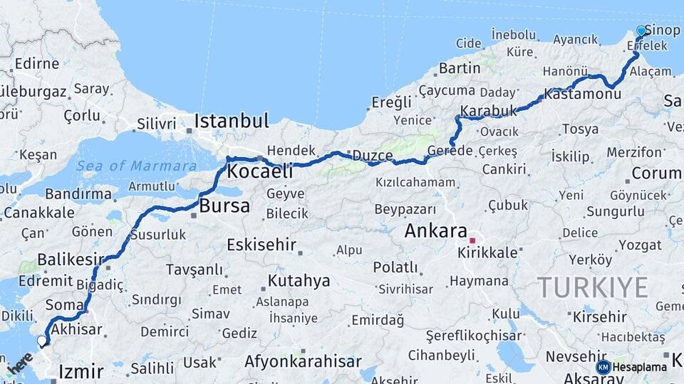 Sinop Aliağa İzmir Arası Kaç Km - Yol Haritası