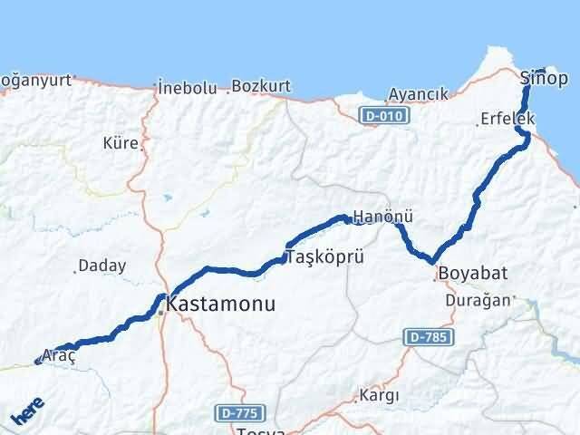 Sinop Araç Kastamonu Arası Kaç Km - Yol Haritası