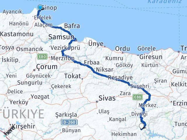 Sinop Arapgir Malatya Arası Kaç Km - Yol Haritası