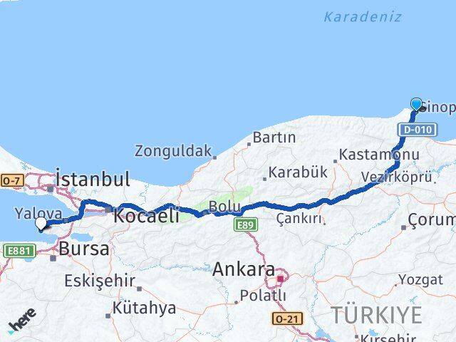 Sinop Armutlu Yalova Arası Kaç Km - Yol Haritası