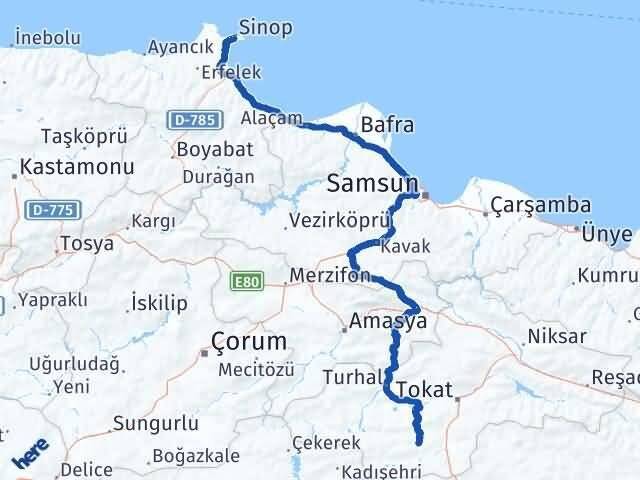 Sinop Artova Tokat Arası Kaç Km - Yol Haritası